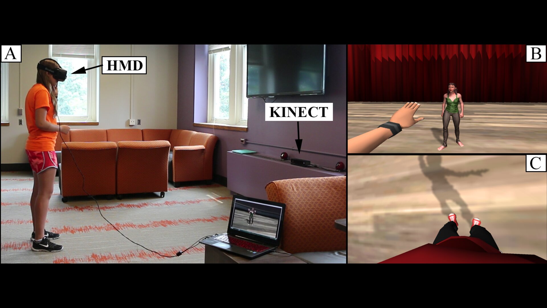 The VR setup for VEnvI, using the Oculus Rift head-mouted display and a Microsoft Kinect.